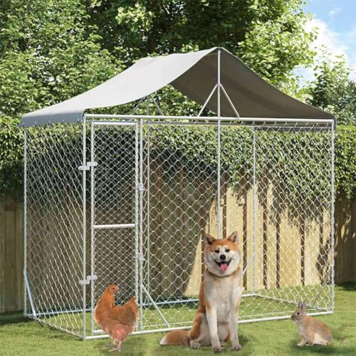 Hundezwinger Outdoor mit Wasserdichtes Dach, Hundehütte für mittelgroße bis große Hunde, Robust, langlebig, 300 x 150 x 250 cm Silbern Verzinkter Stahl
