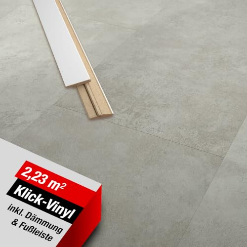 LaminatDEPOT Klick Vinylboden mit Trittschalldämmung & Sockelleiste [2,23 m²] - wasserfester Vinyl Bodenbelag mit Klicksystem - 12 Dielen in Beton-Fliesenoptik [Cilo Salt]