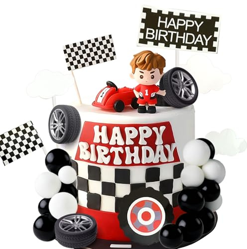JeVenis Race Car Cake Decorations Car Cake Topper | Checkered Flag Cake Topper Growing Up Two Fast Birthday Decor Fast One Fast Three Need Four Speed Birthday Decorations