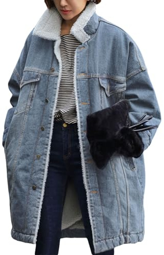 loveimgs Women Long Sherpa Fleece Lined Jeans Jacket Denim Trench Coat Thicken Button Down Patchwork Trucker Coat Overcoat (X-Large, Light blue)