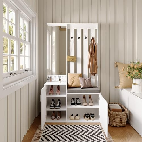 TDRTRD Garde Robe Moderne avec Banc et Coussin 100 x 40 x 180 cm, étagère à Chaussures, Ensemble de Vestiaire d'Entrée avec Miroir, Meuble d'Entrée, 2 Portes, 4 cintres (Blanc, 100 x 40 x 180 cm)