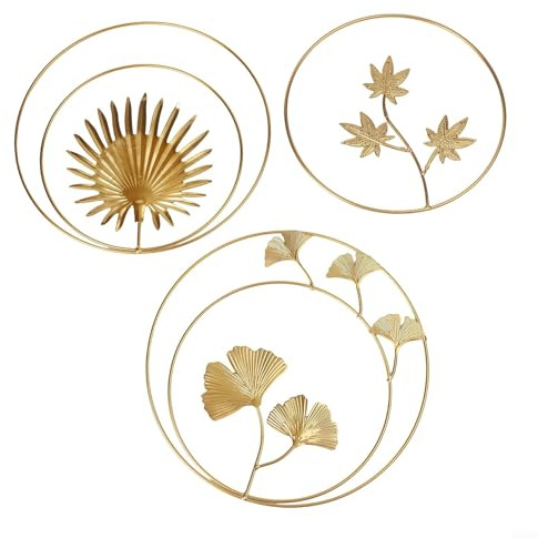 Lot de 3 décorations murales en fer avec feuilles de ginkgo et palmier pour décoration murale élégante de maison ou de bureau