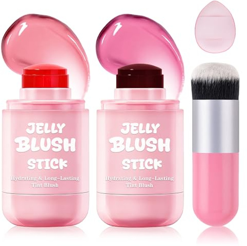 UAOE 2PCS Jelly Blush Stick for Cheeks,Multi-use Cooling Water Jelly Lip and Cheek Tint Stain,Moisturizing,Cruelty-Free,Lightweight,Sheer & Buildable Lip Tint + Blush（02 Soft Pink + 04 Berry Red）