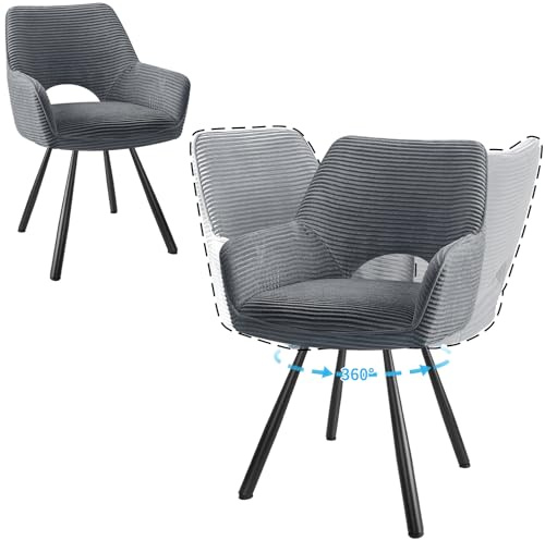 JIJIAN 2er Set 360° Drehbare Esszimmerstühle mit Armlehnen, Grau | Drehbar Stühle Esszimmer mit Metallbeinen, Moderner Küchenstuhl aus Cord, Polsterstuhl für Esszimmer, Küche, Wohnzimmer