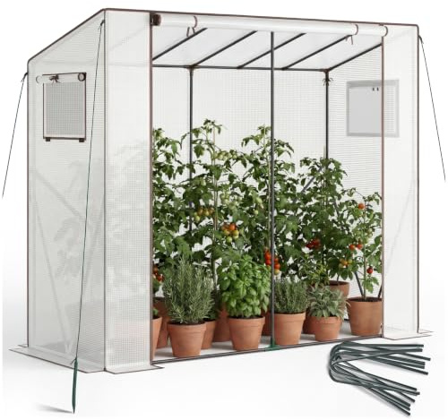 tectake® Serre en plastique 200x77x170 cm, Volume 2,4 m³, Résistante intempéries et UV, Montage par emboîtement, Porte à fermeture zippée, Fenêtres latérales, Toit renforcé, Serre semis Jardin - Blanc