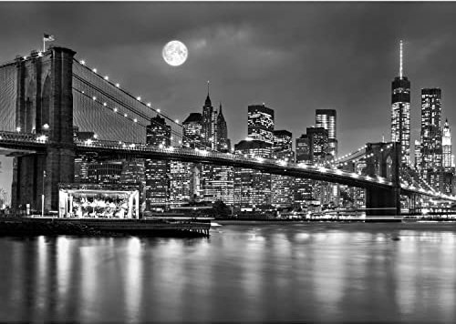 Runa Art Fototapeten 396 x 280 cm Brooklyn bridge nacht - Vlies Wanddekoration Wohnzimmer Schlafzimmer - Deutsche Manufaktur - Schwarz Weiss 9101012b
