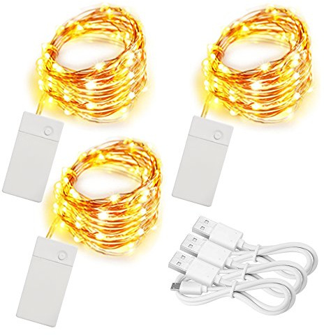 soltuus 3 Pack Rechargeable String Fairy Lights 10ft 30 LED, 4 Modes Copper Wire Christmas Starry Lighting, Waterproof Micro Firefly Moon Light, Warm White, Battery and USB Cable Included