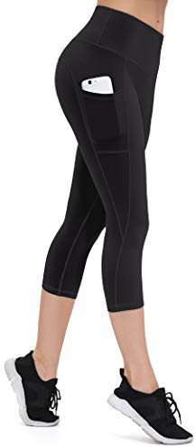 ALONG FIT Capri Leggings för kvinnor, 3/4, med mobiltelefonficka, hög midja, ogenomskinliga, sportbyxor, hög midja, gym, leggings, magkontroll, yogabyxor för fitness, jogging, A-svart, XS