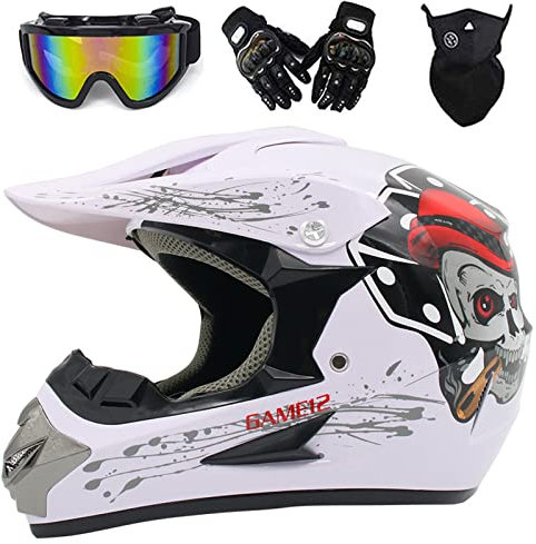 MRDEER Motorradhelm Downhill Motocross Helm Herren Kinder, Motorrad Cross Helme Fullface MTB Helm mit Brille Handschuhe Maske, Off Road Helm mit Abnehmbare Earmuffs, Weiß-Skelett, M