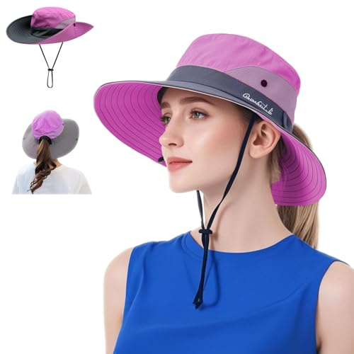 WITERY Dam vikbar solhatt UPF 50+ justerbar för stora huvuden brett brätte nät UV-skydd hattar andas packbar med hakrem utomhus strand trädgårdsarbete fiske sommarhatt, Lila, M