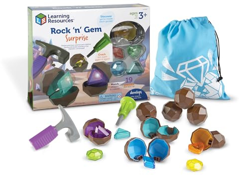 Learning Resources Rock 'n' Gem Surprise – Steine mit Edelsteinüberraschung, Ab 3 Jahren, Lernspiel Sortieren Zuordnen Zählen, 8 Farben 4 Formen, Spielhammer und Beutel inklusive