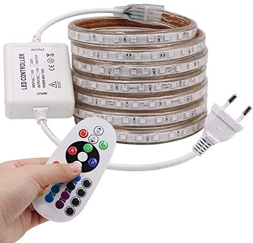 XUNATA Ruban à LED RGB, AC 220V 230V 5050 60leds / m IP65 étanche, Strip Flexible Bande, LED Strip Light avec changement de 24 Touches Télécommande (1M)