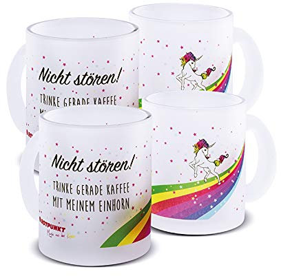 ROTPUNKT Unicorn frosted glass cup, hand wash recommended, 300 ml capacity, large handle (motif 1, frosted glass 2 cups).