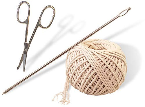 SpitJack Meat Trussing Needle, Butcher's Cooking Twine and Utility Scissors Bundle for Whole Hog, Pig, Chicken and Turkey. 7 Inch Stainless Needle, 185 Feet of Cotton Kitchen String with Snip Shears