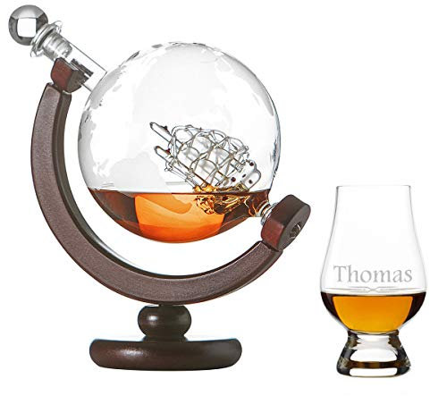 polar-effekt Whiskykaraffe Globus Segelschiff mit Weltkarte - 1 Glass Nosing Glas Tumbler mit Gravur Motiv Line Ornament - Whisky Flasche Weltkugel Dekanter 850ml - Geschenkidee