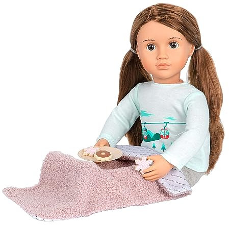 Our Generation - Deluxe Puppe Sandy mit 2 Outfits, Winterkleid, Pyjama, braune Haare, braune Schlafaugen, beweglich, 46cm - ab 3 Jahren - 45369, Mehrfarbig