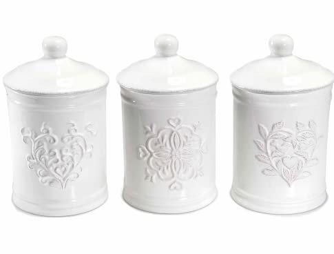 Gruppo Maruccia - Barattoli da Cucina Shabby Chic in Ceramica con Coperchio - Contenitori Porta Zucchero, Sale, Biscotti e Riso - Set da 3