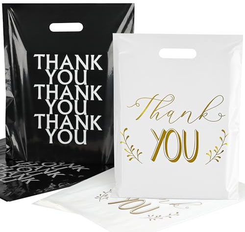Lot de 100 Sacs de Transport en Plastique(Blanc+Noir), Sac Thank You Plastique Cadeau 30 x 38cm, Sac Emballage pour la vente au détail, les magasins, les boutique, les étals de marché