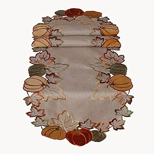 Tischdecke Mitteldecke Tischläufer Deckchen Aufleger Herbst beige Bestickt mit Kürbisse mit Lurexfäden (40 x 140 cm)