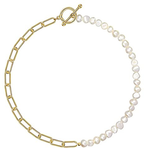 HMOOY Perlenkette, halbe Kette, halbe Perle, vergoldet 18 K, Halskette, Perle und Gold, Halskette, Posaune, Kette mit kubanischen Gliedern, mit Perle, trendiger Schmuck für Damen und Herren