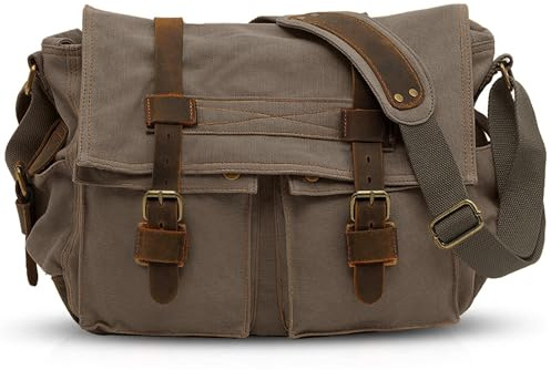 VARLIVOO Bolsa Mensajero Hombre, Bandolera Grande de 15 Portátil, Bolso de Hombro de Lona Vintage para Trabajo Viaje Escuela Verde