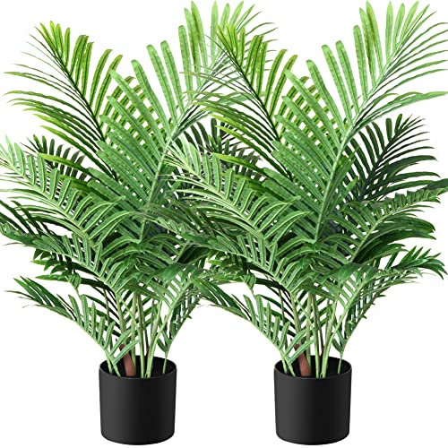 Fopamtri Kunstpflanzen Groß Areca Kunstpalme 90 cm im Topf Künstliche Pflanze Tropical Hawaii Grün Fake Plant für Schlafzimmer Büro Garten Hochzeit Party Deco (2 Stück)