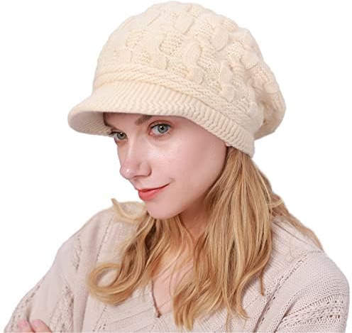 CheChury Damen Wollmütze Winter Mütze Warme Strickmütze Frauen Wintermütze Kaschmir Mütze mit Shirm Damen Schirmmütze Grobstrick Baskenmütze Winter Strickmütze mit Schirm Damen Barett Fleece