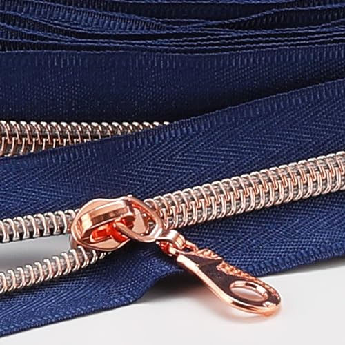 Sawoake 9m Bulk Zipper, (#5) Reißverschlüsse zum Nähen, NavyBlue Nylon Coil Zipper mit Rose Gold zähnen, Ersatz Nähreißverschluss mit 10PCS Reißverschluss Sliders(#5 NavyBlue Rose Gold)