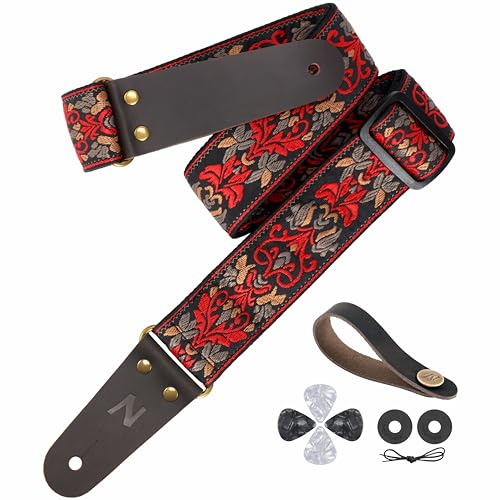 Correas de guitarra con bordado jacquard de 2, extremos de cuero plena flor con bolsillo invisible, para bajo, guitarras eléctricas y acústicas, hebilla, cierre de correa y púas de guitarra gratis
