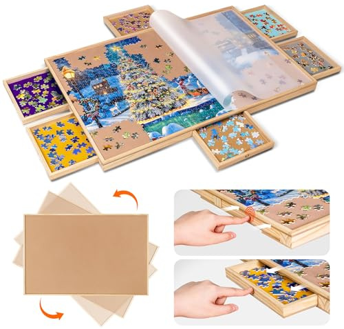 Becko US 1000-bitars roterande pusselbräda med 6 sorteringslådor & genomskinligt PP-lock, push-to-open-design, snurrande pusselbord med Lazy Susan för vuxna och barn, för pussel med 1000 bitar