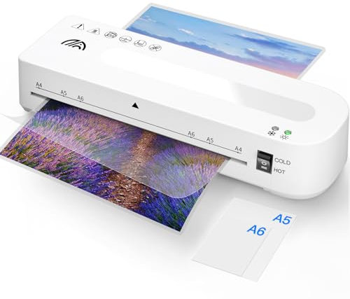 MAXDONE Laminiergerät A4 Laminiermaschine - Heiß und Kalt Laminiergerät 80-125 Mic mit 10 Laminierfolien, A4/A5/A6 Laminiergeräte Laminator 90-s Aufwärmen für Heimgebrauch Büro Schule Fotos（weiß）