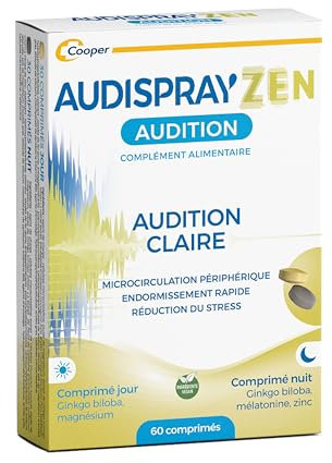 AUDISPRAY ZEN – Audition clair - Acouphènes - Bourdonnements et de sifflements d'oreille - Endormissement rapide, réduction du stress - Complément alimentaire - Ginkgo biloba - 60 comprimés