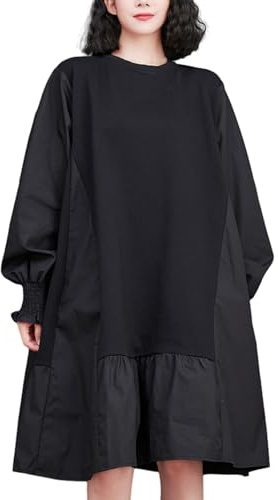 ellazhu Robe Sudadera Midi Patchwork A-Linea Sólida Cuello Redondo Otoño Mujer GZ10 Negro