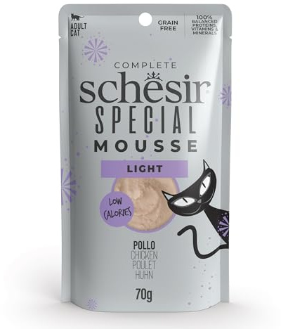 Schesir Special Light kycklingfiléer, komplett våtfoder för katter, i kuvert, kornfri, högt proteininnehåll, fuktrik, 12 x 70 g