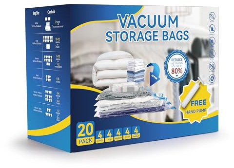 20 Pack Vacuum Storage Bags (4 Jumbo/4 Large/4 Medium/4 Small/4 Roll M) Space Saver Bags, Vacuum Seal Bags with Hand Pump for Comforters, Blankets, Bedding, Pillows and Clothes