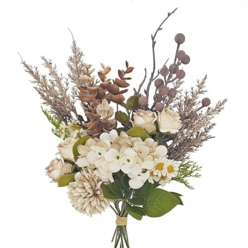 Peauley 30cm kleine Kunstseidenblumen Herbststrauß Faux Tischdekoration mit Rosen, Löwenzahn, Hortensien, Gänseblümchen und Stechpalmenbeeren - Künstliche Blumenarrangements für Wohnaccessoires.