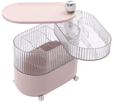 Cable Storage Box, 3 -Tier Clear Plastic Cable Organiser Drawer, Oval Cable Organiser Box, Wire Organiser with 360° Rotating Design, with Dust and Moisture-Resistant Lid, Creamy Pink