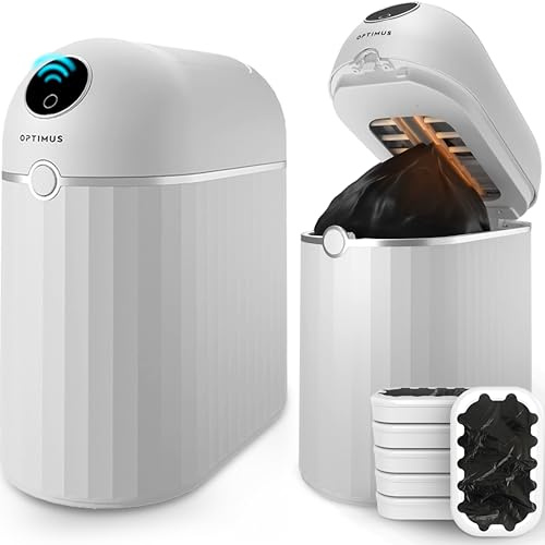 OPTIMUS TECHNOLOGY Automatic Touchless Trash Can with Motion Sensor, 6 Refill Bags, Self-Sealing, White (Neos (6-Refill Bags))