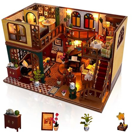 Foyucool DIY Miniatur Haus Bausatz für Erwachsene, Retro Loft | Mit LED-Beleuchtung & Miniatur-Möbeln, Gemütliches Deko-Bastelset, Einzigartiges Geschenk zu Weihnachten & Geburtstagen