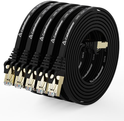 CableGeeker Cable Ethernet Cat 8 de 10 pies, paquete de 5 unidades, color negro, 40 Gbps, 2000 MHz, cable de red LAN de alta velocidad Gigabit Cat8, cable de conexión plano RJ45 profesional para