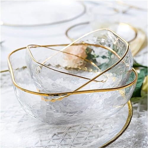 Frutero de cristal Frutero de cristal, cuencos de cristal con borde dorado nórdico, ensaladera de cristal transparente, plato de fruta, postre, cuenco cuadrado redondo, vajilla, cuencos de caramelo (c