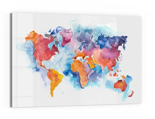 DEQORI Glas-Magnettafel | 90x60 cm cm groß | Motiv Welt in Aquarell | Memo-Board aus Glas | Magnetboard inkl. Magnete, Stift & Tuch für Küche & Büro | Tafel magnetisch & beschreibbar