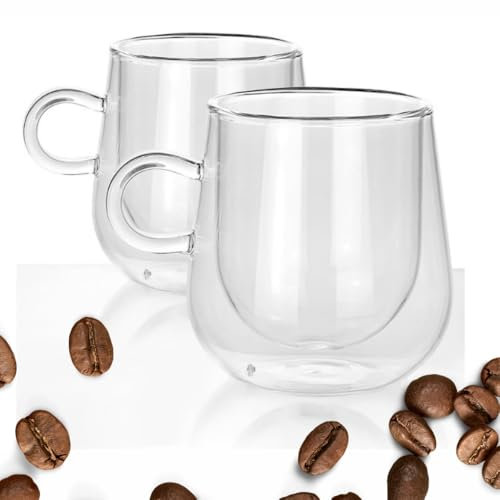 Juego de 2 vasos de doble pared con asa, tazas de café, tazas de cristal, vasos de vidrio térmico, tazas de bebidas calientes, vasos de café con leche, vasos de capuchino (tazas de 275 ml con asa,