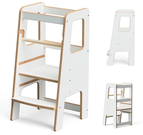 Lernturm für Kinder | ab 1 Jahr | 50kg Tragkraft | Trittschemel | Höhenverstellbar für Kinder | Kitchen Helper | Montessori (Weiß 4)