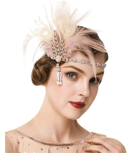 HIQIU Damen Kunst-Federn Stirnband Strass Flapper Kopfschmuck 1920er Jahre Stil Flapper Haarband Frauen Abschlussball Kostüm Accessoires