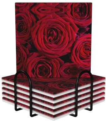 Garden Roses 6-Pack Ceramic Coasters With Cork Backing Black Metal Holder,Stylish Printed Drink Coasters Set For Home, Office
