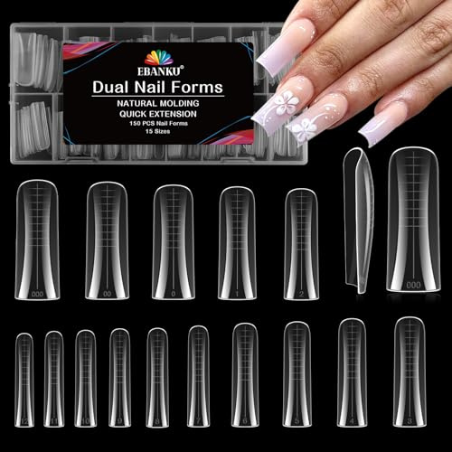 EBANKU 150PCS Poly Gel Nagelformer, Återanvändbara Dual Forms för Polygel Ankformad Nagelform Akryl Nagelförlängningsverktyg för Hemsalong Nagelmanikyr,15 Storlekar
