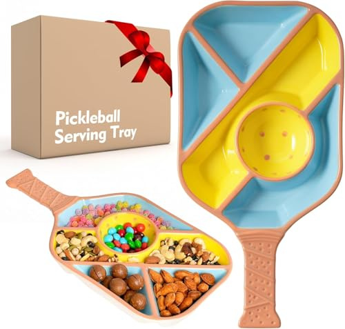 Payarma Pickleball Snack Serviertablett - Keramik Schlägerform Snackplatte mit 5 Fächern & Dip-Schale - Lustiges Geschenk für Pickleball-Fans, Partys, Vatertag & Pickleball Zubehör(Blau)