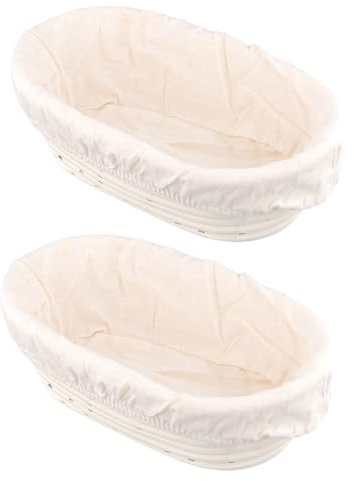 SENJEOK 2 PCS Bread Proofing Basket, 25 x 15 x 8 cm Oval Proofing Basket with Linen Liner for Sourdough Baking, Bread Rising