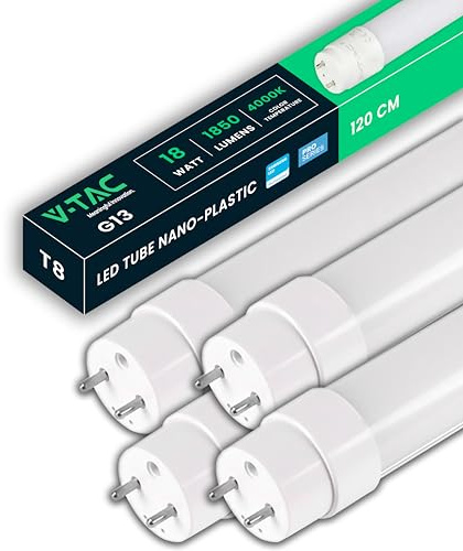 V-TAC 4x Tubi LED 120 CM con attacco G13 18W - 1850 Lumen - Chip Samsung - Tubi LED per Soffitto, Parete, Garage, Negozio - Tubo LED forma T8 - Sostituzione Neon - Luce 4000K Bianca Naturale
